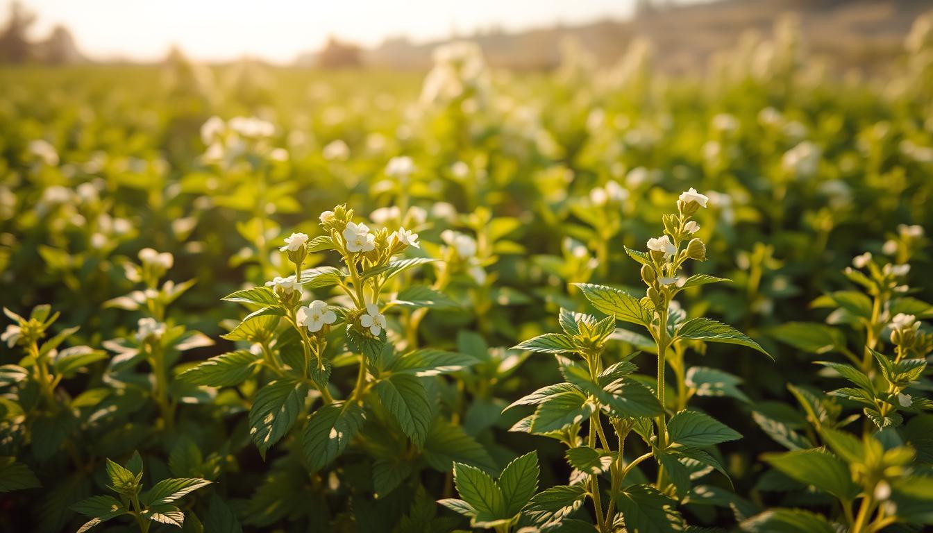 A lush, verdant field of lemon balm (Melissa officinalis) plants, their vibrant green leaves gently swaying in a soft breeze. The plants are in full bloom, their delicate white flowers emitting a calming, citrus-like aroma. Sunlight filters through wispy clouds, casting a warm, golden glow over the scene. In the foreground, a cluster of lemon balm leaves and stems stand out in sharp focus, their serrated edges and subtle veining accentuated. The middle ground reveals the plant's full, bushy habit, while the background softly blurs into a hazy, dreamlike landscape. The overall mood is one of natural tranquility and restorative energy, hinting at lemon balm's potential to soothe and invigorate the senses.