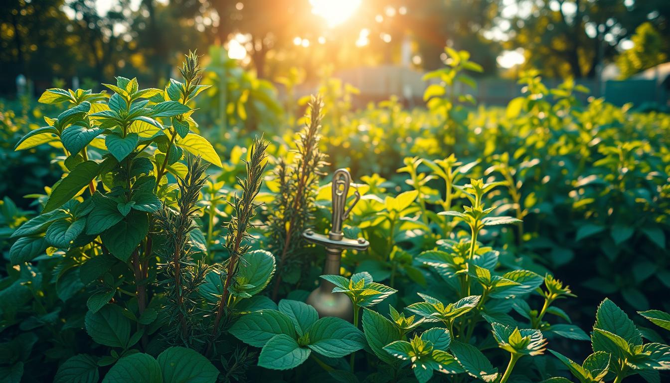 A lush, verdant garden filled with thriving plants, bathed in warm, golden sunlight. In the foreground, a selection of herbs - basil, rosemary, and peppermint - stand tall, their vibrant leaves glistening with morning dew. The middle ground showcases a variety of leafy greens, their shapes and textures creating a harmonious tapestry. In the background, a dense canopy of trees filters the sunlight, casting a gentle, natural glow across the scene. The overall mood is one of vitality and balance, hinting at the powerful, rejuvenating energy these plants can harness and share with us.