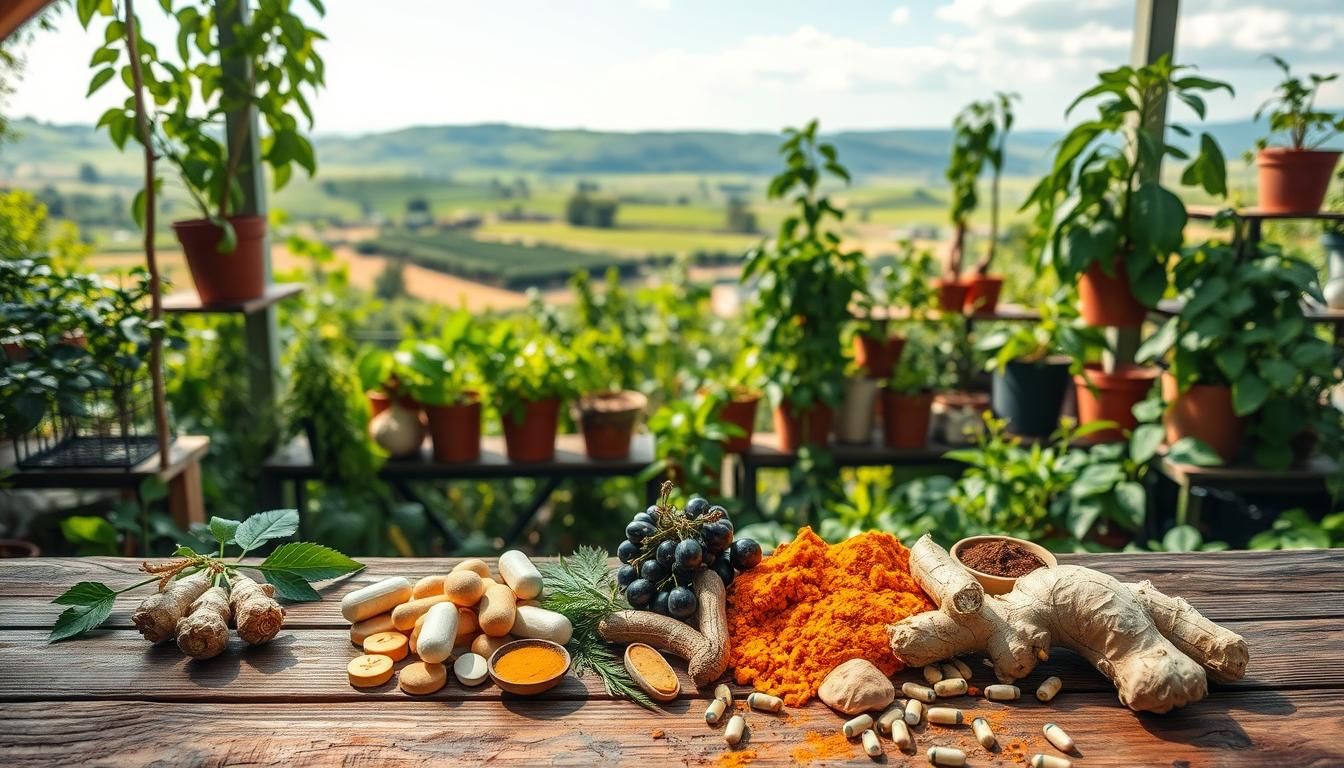 A lush, verdant garden scene featuring a variety of natural supplements and herbal remedies. In the foreground, an array of freshly harvested botanicals such as ginger, turmeric, ashwagandha, and elderberry lie upon a rustic wooden table, their vibrant colors and textures inviting closer inspection. In the middle ground, potted plants and herbs line shelves, their leaves swaying gently in the soft, diffused lighting. The background reveals a panoramic view of a tranquil, sun-dappled landscape, with rolling hills and a azure sky overhead, conveying a sense of balance and harmony between nature and wellness.