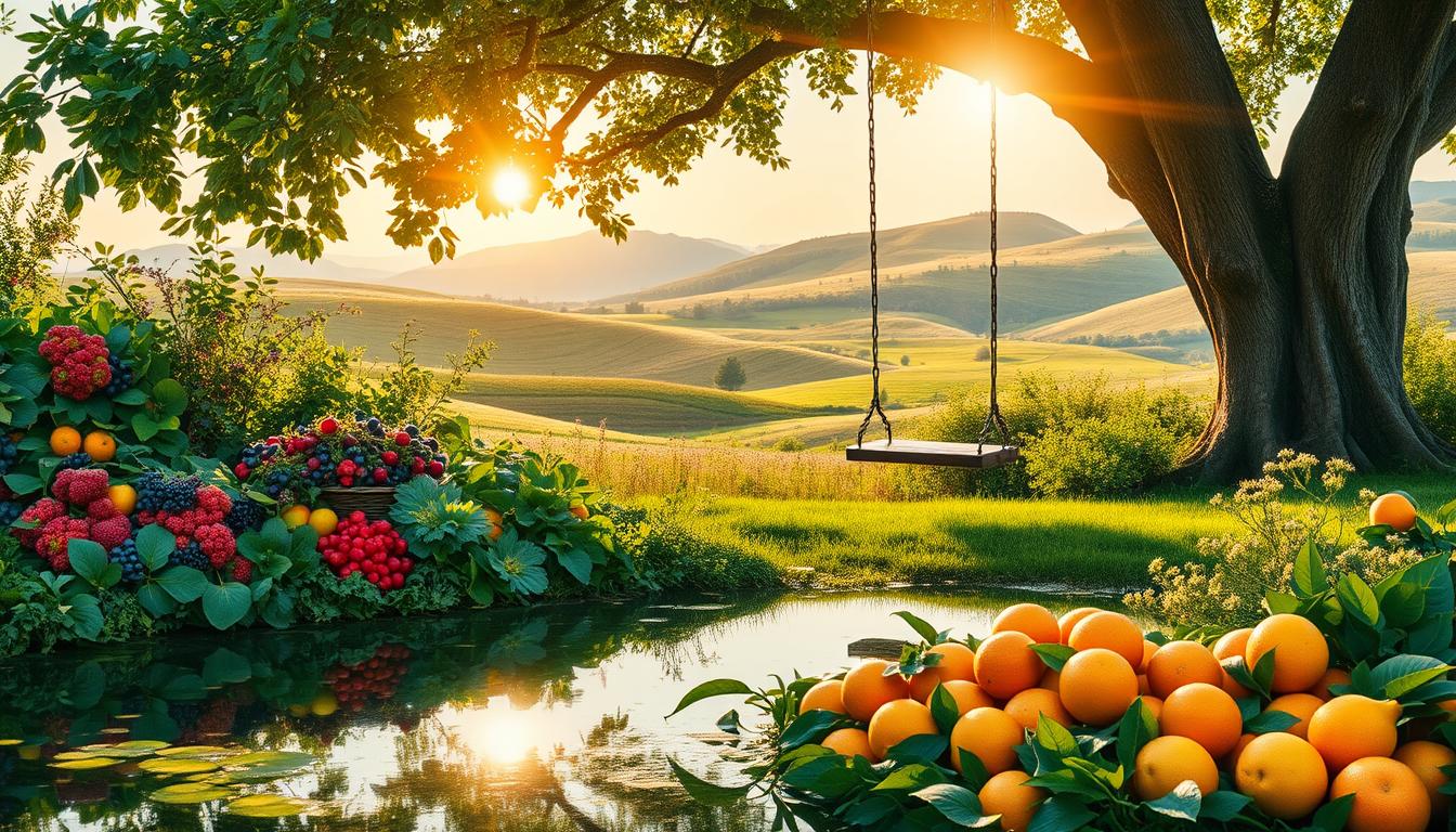 A lush, verdant landscape filled with an abundance of fresh, organic produce - vibrant berries, crisp greens, and juicy citrus fruits. In the foreground, a serene pond reflects the surrounding natural beauty, its clear waters gently lapping at the shoreline. Overhead, a warm, golden sun bathes the scene in a soft, inviting glow, casting long, gentle shadows across the tranquil setting. In the middle ground, a wooden swing hangs from a sturdy oak tree, inviting one to pause and savor the simple pleasures of this natural haven. In the distance, rolling hills dotted with wildflowers stretch out, creating a sense of peaceful, grounded harmony. This image conveys the holistic, nourishing essence of natural weight loss, a journey of balance and restoration. A lush, verdant landscape filled with an abundance of fresh, organic produce - vibrant berries, crisp greens, and juicy citrus fruits. In the foreground, a serene pond reflects the surrounding natural beauty, its clear waters gently lapping at the shoreline. Overhead, a warm, golden sun bathes the scene in a soft, inviting glow, casting long, gentle shadows across the tranquil setting. In the middle ground, a wooden swing hangs from a sturdy oak tree, inviting one to pause and savor the simple pleasures of this natural haven. In the distance, rolling hills dotted with wildflowers stretch out, creating a sense of peaceful, grounded harmony. This image conveys the holistic, nourishing essence of natural weight loss, a journey of balance and restoration.