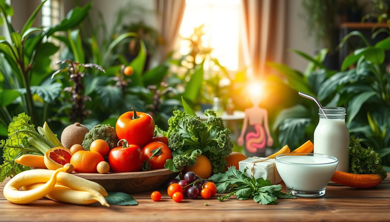 A lush, verdant landscape unfolds, depicting the intricate dance between gut health and the immune system. In the foreground, a vibrant array of probiotic-rich foods - fermented vegetables, kefir, and yogurt - sit atop a wooden table, radiating a sense of nourishment. The middle ground showcases a human figure, smiling with a glowing aura, symbolizing the powerful connection between a thriving gut and a robust immune response. In the background, a soft, warm light filters through a window, casting a gentle glow on the scene, evoking a sense of balance and well-being. The composition is dynamic, with a subtle interplay of textures and vibrant, flowing colors that captivate the viewer's imagination. A lush, verdant landscape unfolds, depicting the intricate dance between gut health and the immune system. In the foreground, a vibrant array of probiotic-rich foods - fermented vegetables, kefir, and yogurt - sit atop a wooden table, radiating a sense of nourishment. The middle ground showcases a human figure, smiling with a glowing aura, symbolizing the powerful connection between a thriving gut and a robust immune response. In the background, a soft, warm light filters through a window, casting a gentle glow on the scene, evoking a sense of balance and well-being. The composition is dynamic, with a subtle interplay of textures and vibrant, flowing colors that captivate the viewer's imagination.