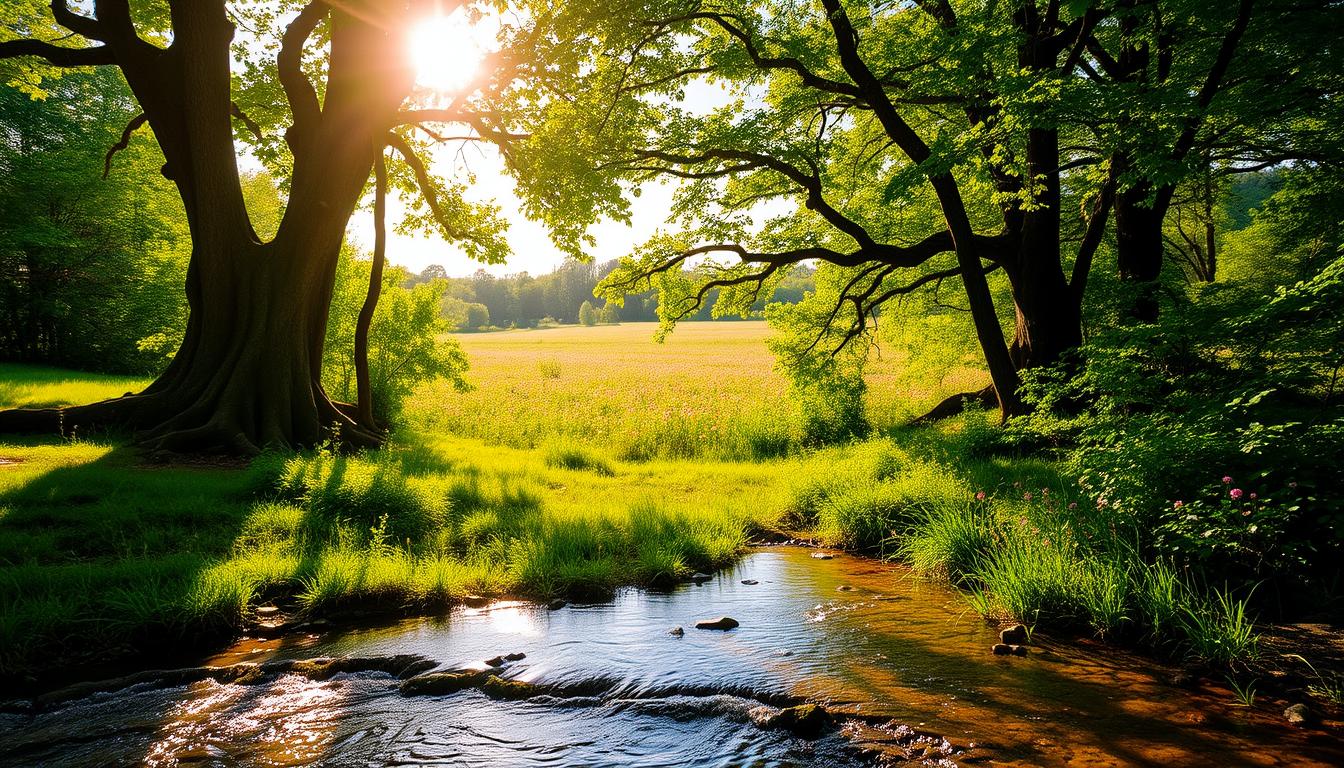 A lush, verdant landscape with a glowing, golden sunlight radiating from the sky. In the foreground, a serene stream flows gently, its crystal-clear waters reflecting the vibrant hues of the surrounding foliage. Tall, ancient trees with gnarled roots and vibrant green leaves frame the scene, casting dappled shadows on the ground. In the middle ground, a field of wildflowers in shades of pink, purple, and yellow sway in a gentle breeze, exuding a sense of natural energy and vitality. The atmosphere is one of tranquility and renewal, conveying the boundless, restorative power of the natural world.