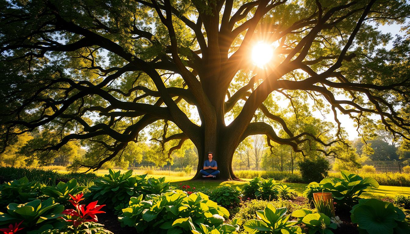 A lush, verdant landscape with a towering, majestic oak tree in the center. Sunlight filters through the canopy, casting a warm, golden glow across the scene. In the foreground, a bountiful garden bursting with vibrant, leafy vegetables and herbs – the natural sources of glutathione. Sheltered beneath the tree's wide-reaching branches, a figure sits in a meditative pose, surrounded by an aura of tranquility and rejuvenation. The atmosphere is one of harmony, vitality, and the power of nature to nourish and restore the body.