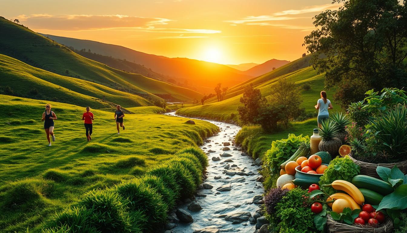 A lush, verdant landscape with rolling hills and a meandering stream. In the foreground, a group of people engaged in various natural weight loss activities - from hiking and jogging to practicing yoga and mindful meditation. The middle ground features an abundance of fresh fruits, vegetables, and herbs, representing the importance of a nutrient-dense, whole-food diet. In the background, a vibrant sunset casts a warm, golden glow, symbolizing the rejuvenating power of nature. The overall scene conveys a sense of balance, harmony, and the effectiveness of holistic, natural solutions for metabolic adaptation and sustainable weight loss.