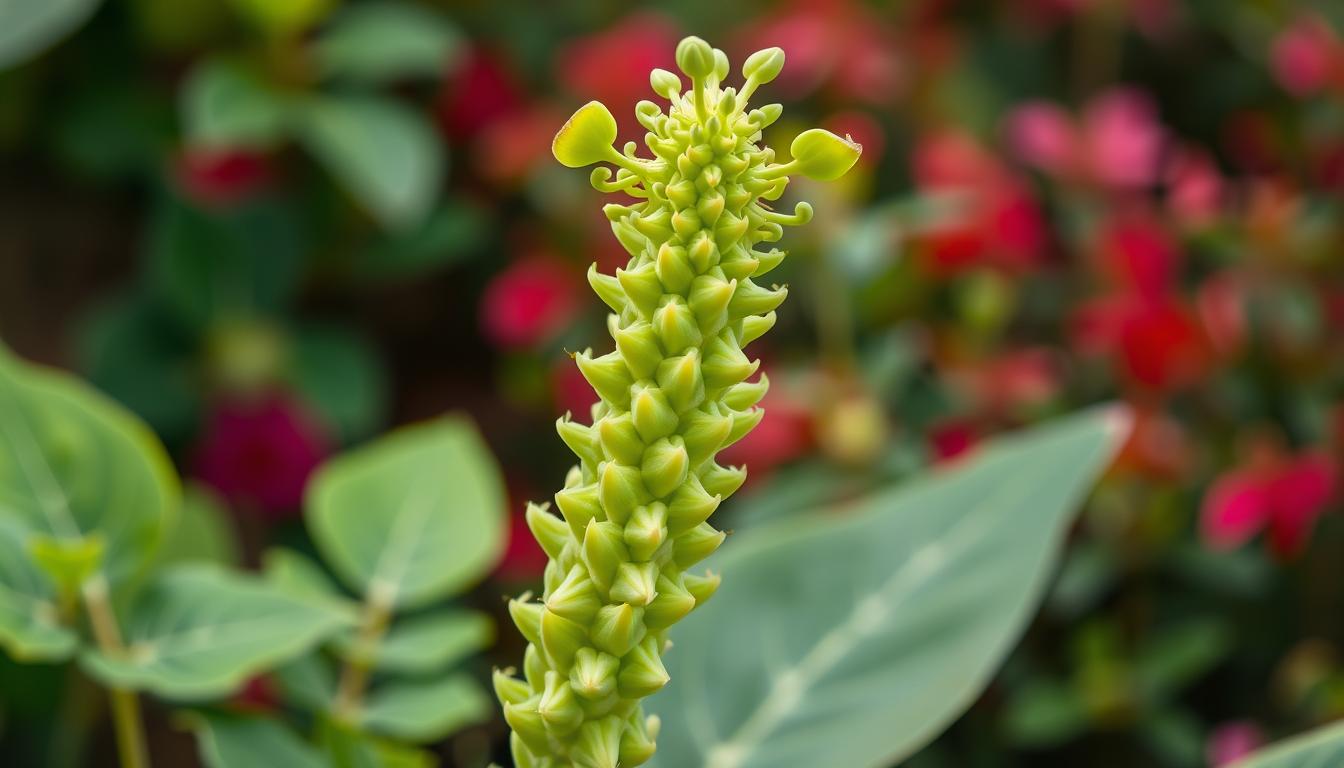 A lush, verdant stalk of Caralluma fimbriata rises against a vibrant, natural backdrop. Delicate, fleshy green leaves and intricate, fleshy ridges adorn the succulent stem, hinting at its appetite-suppressing properties. Soft, diffused lighting illuminates the plant's textural details, casting gentle shadows that accentuate its unique form. The overall scene exudes a sense of calm and balance, inviting the viewer to consider the plant's potential benefits for weight management and healthy eating.
