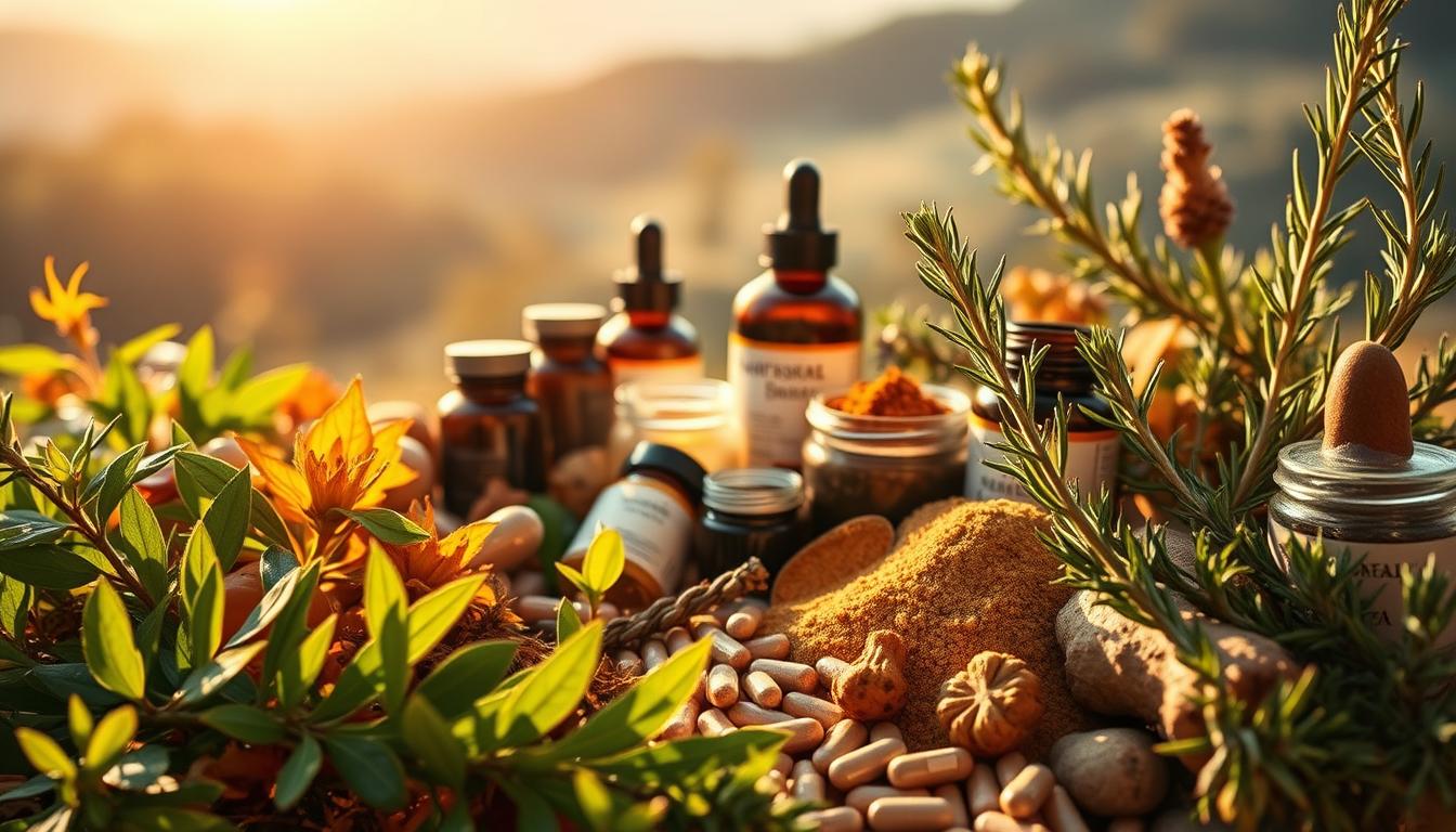 A lush, vibrant arrangement of natural herbs and supplements for reducing inflammation, bathed in warm, golden light. In the foreground, a carefully curated selection of anti-inflammatory botanicals such as turmeric, ginger, and rosemary, their leaves and stems casting intricate shadows. In the middle ground, an assortment of capsules, tinctures, and powders in earthy tones, conveying the potency of these natural remedies. The background features a serene, blurred landscape, hinting at the restorative power of nature. The overall composition exudes a sense of balance, harmony, and the promise of relief from inflammation.