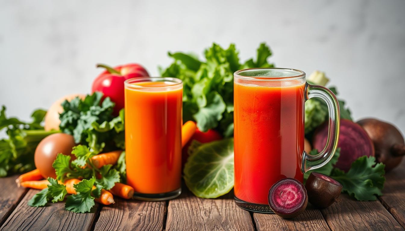 A lush, vibrant still life showcasing a variety of freshly pressed vegetable juices. In the foreground, a glass pitcher overflows with a spectrum of jewel-toned liquids - deep green kale, fiery orange carrot, and vivid red beet. Surrounding the pitcher, an assortment of whole vegetables, their surfaces glistening, arranged artfully on a rustic wooden table. Soft, directional lighting casts a warm glow, accentuating the natural textures and vibrant hues. In the background, a simple, neutral backdrop allows the vibrant colors to take center stage, highlighting the nourishing goodness and cellular health benefits of these vegetable juices.
