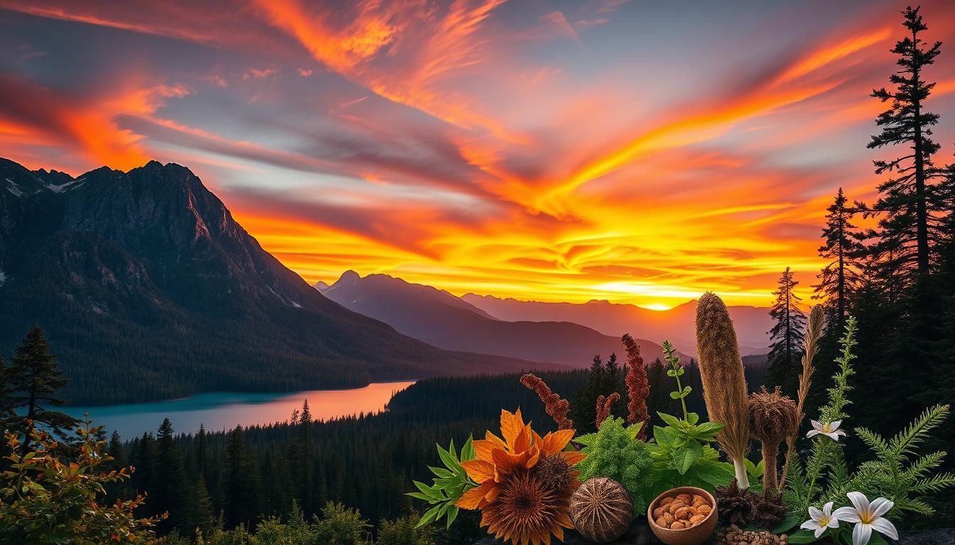 A majestic landscape featuring a towering mountain range silhouetted against a vibrant sunset sky. In the foreground, a lush forest canopy gives way to a serene lake, its calm waters reflecting the vibrant hues above. Amidst the natural setting, various botanicals and herbs associated with heavy metal detoxification are prominently displayed, their rich colors and textures contrasting with the epic backdrop. The lighting is dramatic, casting warm, golden tones that suffuse the entire scene with an aura of tranquility and healing. The composition is balanced and symmetrical, drawing the viewer's eye to the harmonious integration of nature's elements.