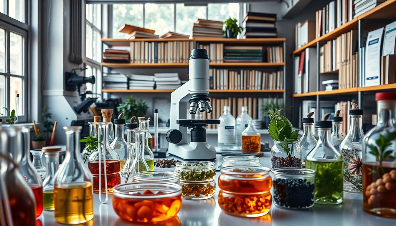 A meticulously arranged laboratory workspace, illuminated by soft natural light filtering through large windows. In the foreground, rows of pipettes, beakers, and petri dishes hold various plant extracts, their vibrant colors and textures beckoning closer inspection. The middle ground features a state-of-the-art microscope, its lens trained on a slide showcasing intricate cellular structures. In the background, shelves brimming with reference books and scientific journals suggest a dedicated commitment to understanding the science behind natural remedies. The overall scene evokes a sense of scholarly inquiry, as if the viewer is privy to the very heart of plant extract research.