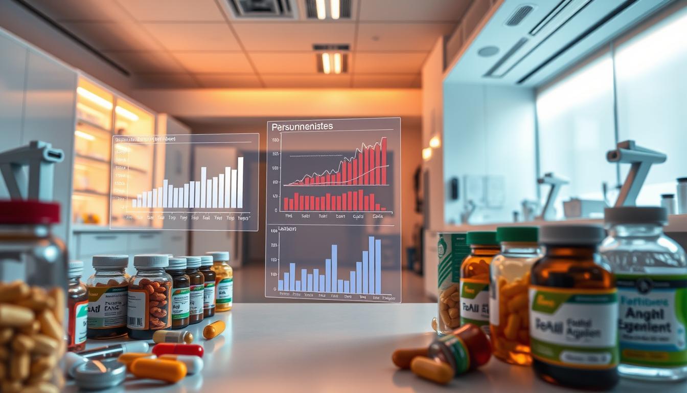 A meticulously designed laboratory setting, illuminated by a soft, diffused light that casts a warm, contemplative ambiance. In the foreground, an array of colorful supplements and vitamins, each bottle artfully arranged to showcase their unique compositions. The middle ground features a holographic display, projecting personalized charts and graphs that visualize the ideal supplementation plan tailored to an individual's needs. In the background, a sleek, minimalist workspace with state-of-the-art equipment, conveying a sense of cutting-edge scientific exploration into the realms of experimental longevity treatments. The overall scene evokes a vibrant, forward-thinking atmosphere, where personalized wellness takes center stage.