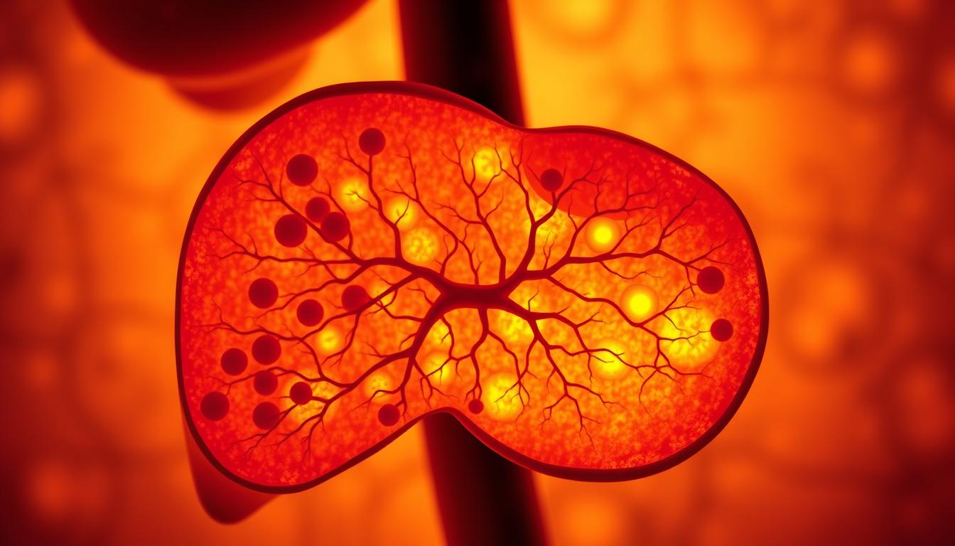 A microscopic cross-section of a human liver, illuminated by warm, diffused lighting, capturing the intricate cellular response to a recent vaccination. In the foreground, hepatocytes and Kupffer cells are visibly activated, indicating enhanced immune activity. The middle ground showcases the liver's intricate vascular network, with sinusoids and central veins prominently featured. In the background, a muted palette of deep ochres and russet tones conveys the organ's natural, earthy hues. The overall composition emphasizes the liver's pivotal role in metabolizing and processing the vaccination, with a vibrant, epic color palette that accentuates the dynamic biological processes at play.