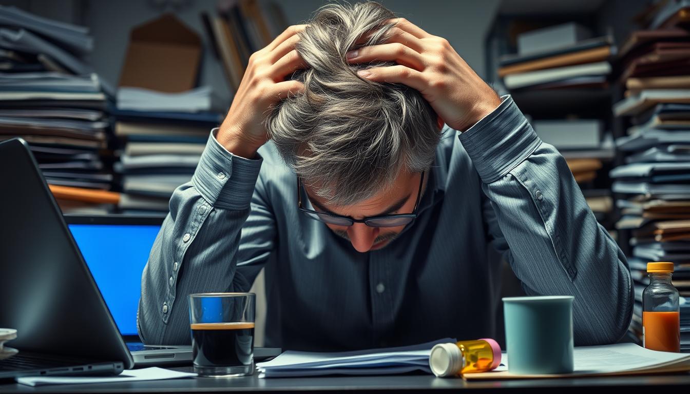 A middle-aged person slumped over a desk, hands clutching their head in frustration. The background is a chaotic, cluttered office space, with stacks of papers and a laptop emitting a harsh, blue-tinted glow. The lighting is harsh, casting deep shadows and highlighting the tension in the person's posture. The color palette is muted, with shades of gray and brown predominating, conveying a sense of drab, overwhelming stress. Vibrant splashes of color, such as a half-empty coffee mug or a brightly colored pill bottle, stand out in stark contrast, hinting at the person's struggle to cope. The overall atmosphere is one of overwhelming pressure and the detrimental impact of stress on physical and mental well-being. A middle-aged person slumped over a desk, hands clutching their head in frustration. The background is a chaotic, cluttered office space, with stacks of papers and a laptop emitting a harsh, blue-tinted glow. The lighting is harsh, casting deep shadows and highlighting the tension in the person's posture. The color palette is muted, with shades of gray and brown predominating, conveying a sense of drab, overwhelming stress. Vibrant splashes of color, such as a half-empty coffee mug or a brightly colored pill bottle, stand out in stark contrast, hinting at the person's struggle to cope. The overall atmosphere is one of overwhelming pressure and the detrimental impact of stress on physical and mental well-being.
