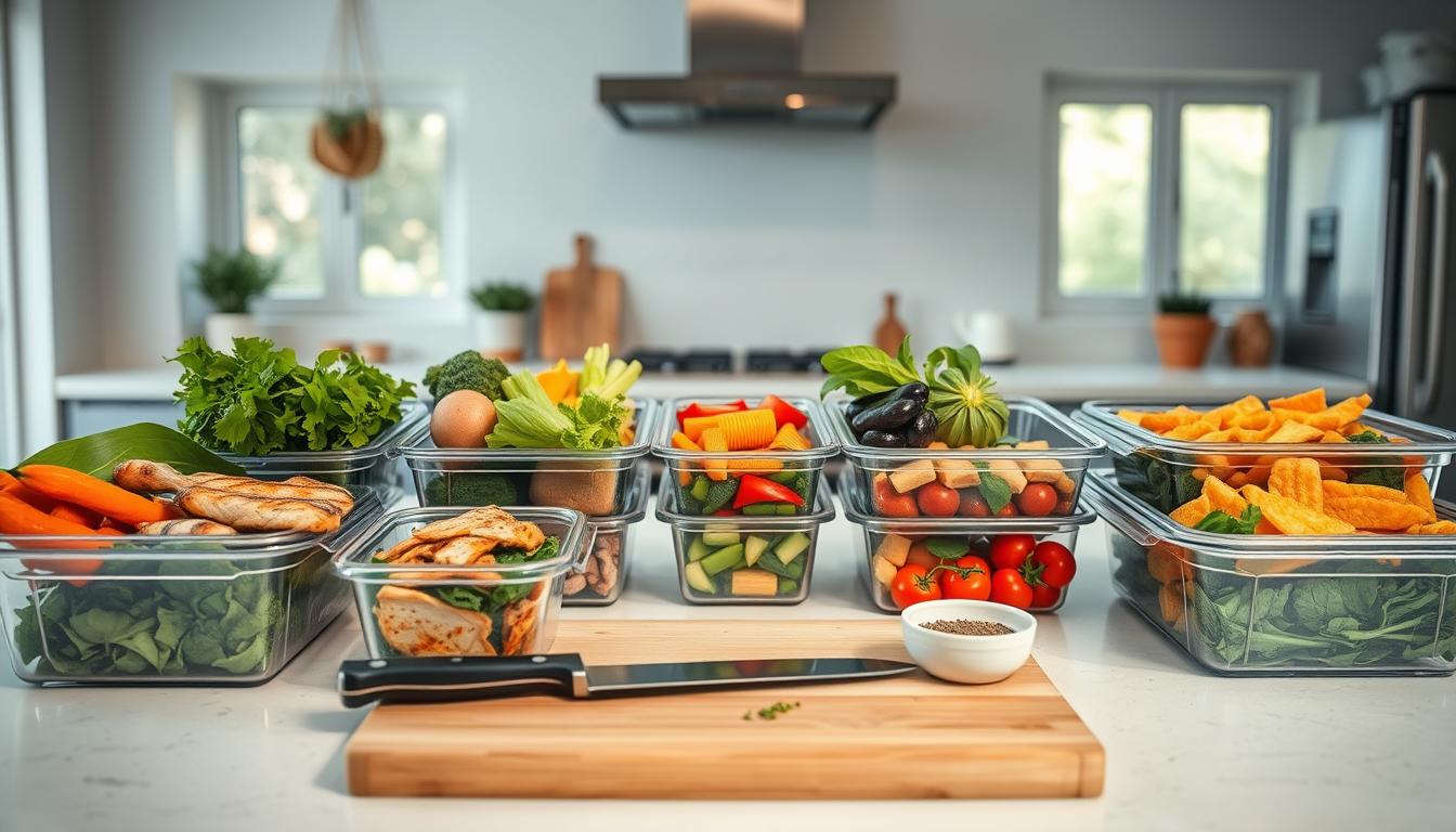 A modern, well-lit kitchen countertop with a variety of fresh, low-carb ingredients neatly arranged. In the foreground, a selection of meal prep containers filled with colorful, nutritious foods like grilled chicken, roasted vegetables, and leafy greens. In the middle ground, a cutting board with a sharp chef's knife and a small bowl of spices and herbs. The background features a sleek, minimalist kitchen design with stainless steel appliances and natural lighting streaming in through large windows, conveying a sense of clean, vibrant simplicity.
