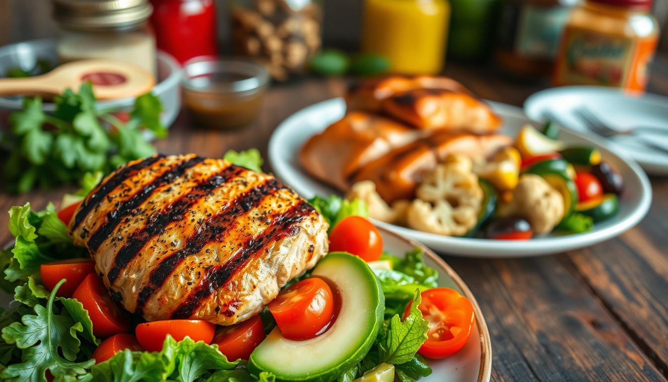 A mouth-watering array of low-carb meal combinations, artfully arranged on a rustic wooden table. In the foreground, a juicy grilled chicken breast nestled atop a vibrant salad of leafy greens, sliced avocado, and cherry tomatoes, glistening under soft, natural lighting. In the middle, a plate of seared salmon filets accompanied by a medley of roasted vegetables - zucchini, bell peppers, and cauliflower - their colors popping against the earthy tones of the setting. In the background, a few jars of healthy condiments and seasonings, hinting at the flavorful possibilities of these nutritious dishes. The overall scene exudes a sense of wholesome, low-carb indulgence, inviting the viewer to imagine the delicious and satisfying flavors within. A mouth-watering array of low-carb meal combinations, artfully arranged on a rustic wooden table. In the foreground, a juicy grilled chicken breast nestled atop a vibrant salad of leafy greens, sliced avocado, and cherry tomatoes, glistening under soft, natural lighting. In the middle, a plate of seared salmon filets accompanied by a medley of roasted vegetables - zucchini, bell peppers, and cauliflower - their colors popping against the earthy tones of the setting. In the background, a few jars of healthy condiments and seasonings, hinting at the flavorful possibilities of these nutritious dishes. The overall scene exudes a sense of wholesome, low-carb indulgence, inviting the viewer to imagine the delicious and satisfying flavors within.