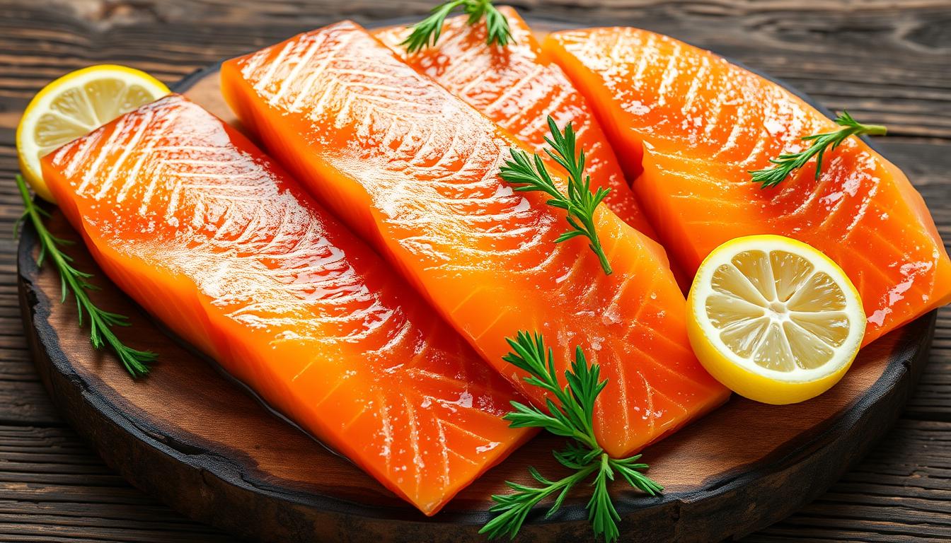 A mouthwatering arrangement of fatty fish fillets, glistening with a vibrant sheen, nestled atop a rustic wooden surface. The fish, rich in omega-3 fatty acids, radiate a warm, golden hue under the soft, diffused lighting. Carefully placed garnishes, such as lemon wedges and fresh herbs, add a touch of color and depth to the composition. The scene exudes a sense of healthy, wholesome nourishment, inviting the viewer to appreciate the benefits of this omega-3 rich protein source.