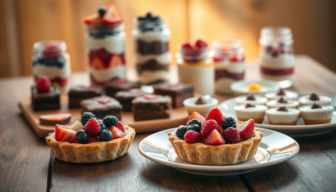 A mouthwatering array of low-calorie dessert recipes artfully arranged on a rustic wooden table. In the foreground, a plate showcases a delicate fruit tart with a flaky crust and a vibrant array of berries. Behind it, a tower of mini parfaits in glass jars, each one a tempting blend of creamy yogurt and fresh fruit. In the middle ground, a platter displays an assortment of bite-sized sweets, from decadent brownies to creamy puddings, all with a fraction of the typical calories. The scene is bathed in warm, natural lighting, creating a cozy, inviting atmosphere that whets the appetite. The overall mood is one of indulgence without guilt, a celebration of satisfying, low-calorie dessert options.