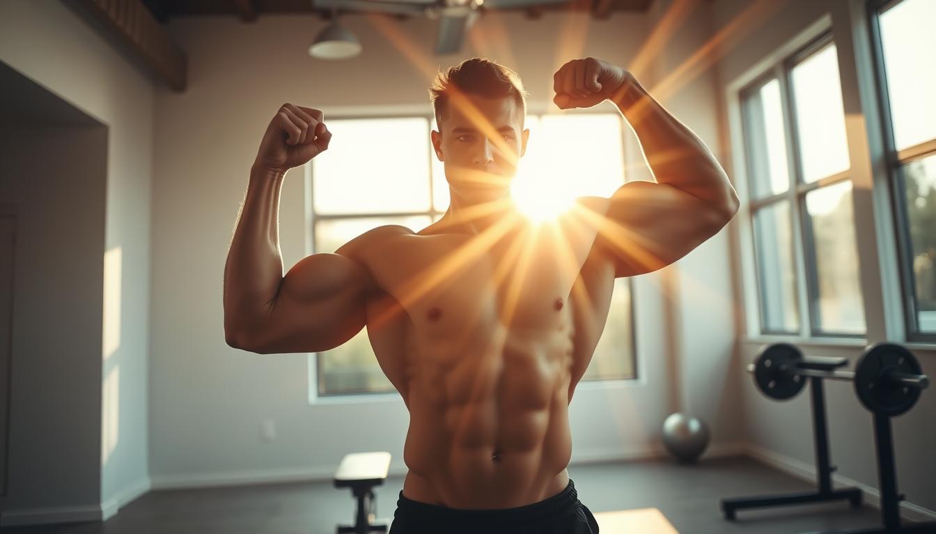 A muscular male figure performing a bicep curl in a well-lit, modern home gym. Beams of warm, vibrant light stream through floor-to-ceiling windows, casting a dynamic glow on the subject's physique. The foreground showcases the figure's toned arms flexing against the weight, while the middle ground features a minimalist exercise setup of a weight bench and barbell. The background subtly blurs into a clean, neutral-toned space, allowing the subject to take center stage. An atmosphere of power, determination, and personal growth permeates the scene. A muscular male figure performing a bicep curl in a well-lit, modern home gym. Beams of warm, vibrant light stream through floor-to-ceiling windows, casting a dynamic glow on the subject's physique. The foreground showcases the figure's toned arms flexing against the weight, while the middle ground features a minimalist exercise setup of a weight bench and barbell. The background subtly blurs into a clean, neutral-toned space, allowing the subject to take center stage. An atmosphere of power, determination, and personal growth permeates the scene.
