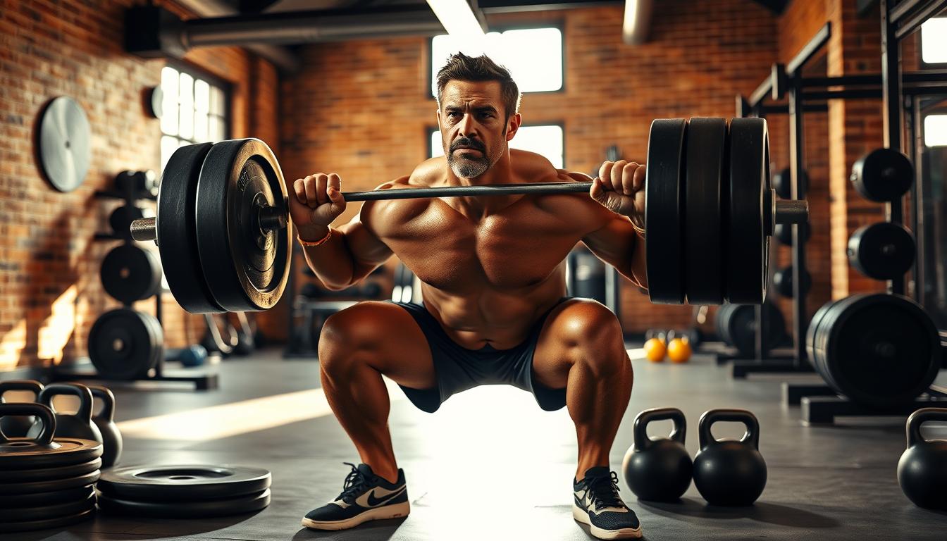 A muscular man in his 40s performing a barbell back squat in a well-equipped gym. Warm lighting bathes the scene, casting dramatic shadows. The man's face is determined, his muscles straining as he pushes through the lift. Surrounding him, weight plates, kettlebells, and other fitness equipment suggest a vibrant, focus-driven atmosphere. The gym's clean, modern design features exposed brick walls and polished concrete floors, complementing the man's powerful physique. An aura of strength, discipline, and testosterone optimization permeates the composition.