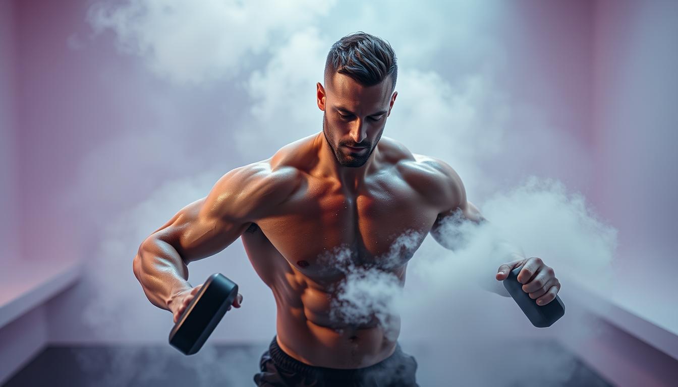 A muscular man performs high-intensity exercises, his body glistening with sweat, as he is enveloped in a cloud of cold mist. The scene is bathed in cool, vibrant hues, creating a dynamic and invigorating atmosphere. In the background, a minimalist setting with clean lines and surfaces accentuates the focus on the synergistic relationship between exercise and cold exposure. The camera captures the subject from a slightly elevated angle, highlighting the intense physicality and determination on the man's face. The image conveys the powerful combination of physical exertion and the rejuvenating effects of cold, inspiring the viewer to experience the transformative benefits of this synergy.