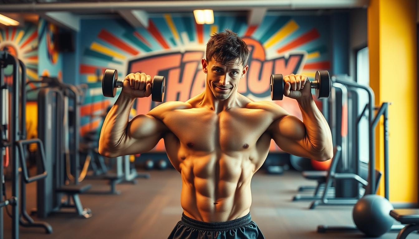A muscular person performing a series of strength training exercises in a modern, well-equipped gym. The foreground depicts the athlete lifting weights, with a focus on their defined musculature and proper form. The middle ground showcases various gym equipment like exercise machines, resistance bands, and a medicine ball. The background features a vibrant, colorful mural depicting an energetic fitness theme. Warm, vibrant lighting illuminates the scene, creating a motivating and dynamic atmosphere. The image conveys the power of strength training to build muscle and burn calories, aligning with the article's theme of maximizing metabolic burn through daily movement.