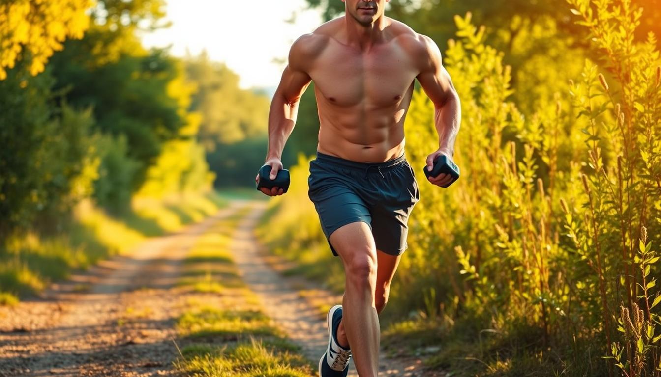 A muscular person walks briskly on a trail, their steps synchronized with the rhythmic pumping of free weights in their hands. The scene is bathed in warm, vibrant lighting, casting a golden glow on the lush, verdant foliage that lines the path. The subject's determined expression and powerful strides convey the synergistic benefits of combining cardio and strength training, creating an image that perfectly encapsulates the "Combine Walking with Strength Training" concept.
