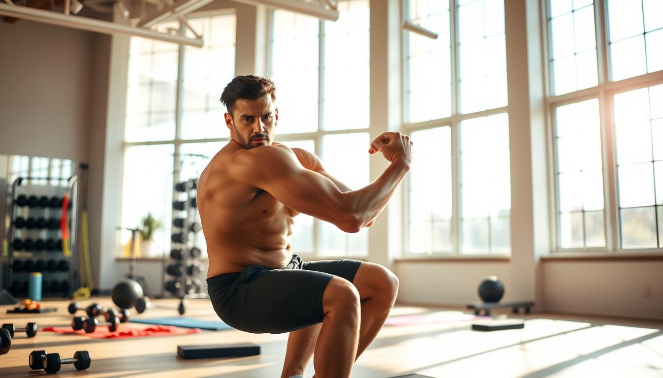 A muscular, toned individual performing a dynamic exercise routine in a bright, sun-lit gym. The foreground features the person mid-squat, with well-defined muscles and a determined expression. The middle ground showcases various exercise equipment such as dumbbells, resistance bands, and a yoga mat, creating a vibrant, energetic atmosphere. The background is filled with large windows, allowing natural light to flood the space and create a sense of vitality and transformation. The overall scene conveys a vibrant, empowered, and rejuvenated state, reflecting the journey from sluggish to energized. A muscular, toned individual performing a dynamic exercise routine in a bright, sun-lit gym. The foreground features the person mid-squat, with well-defined muscles and a determined expression. The middle ground showcases various exercise equipment such as dumbbells, resistance bands, and a yoga mat, creating a vibrant, energetic atmosphere. The background is filled with large windows, allowing natural light to flood the space and create a sense of vitality and transformation. The overall scene conveys a vibrant, empowered, and rejuvenated state, reflecting the journey from sluggish to energized.