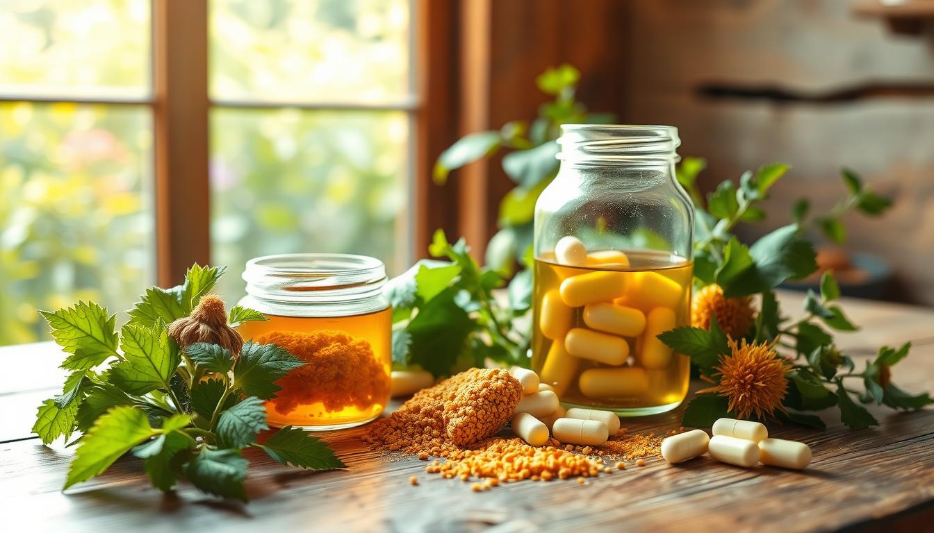 A neatly arranged collection of natural remedies for seasonal allergies, bathed in warm, vibrant lighting. In the foreground, a variety of fresh herbs and botanicals like raw honey, nettle leaves, and local pollen. In the middle ground, a glass jar filled with a soothing herbal tincture and a few antihistamine capsules. The background features a cozy, rustic wooden table with a window overlooking a lush, verdant garden - a peaceful, calming atmosphere. The overall scene conveys a sense of natural, holistic relief for common cold and allergy symptoms.