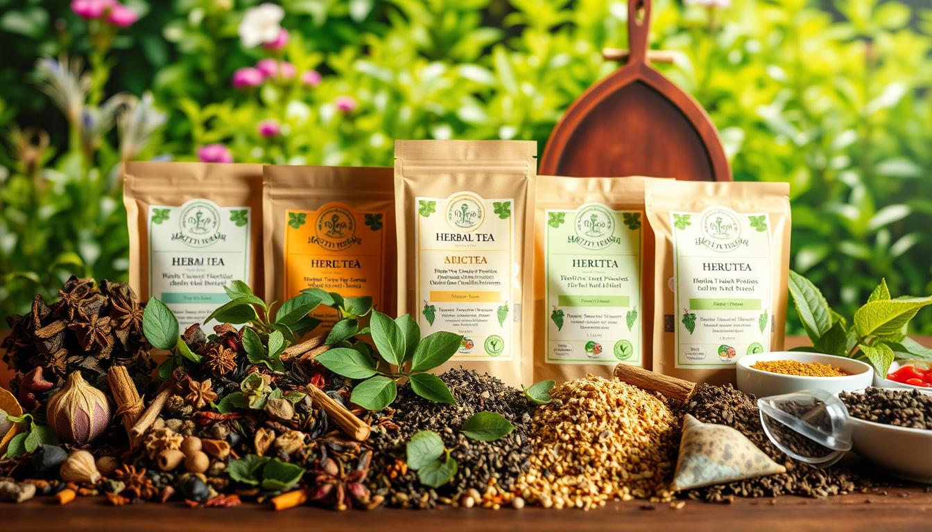 A neatly arranged display of various herbal tea sachets and loose leaf blends, set against a vibrant, natural backdrop. The foreground features an assortment of fragrant herbs, dried fruits, and spices, artfully arranged to suggest their use in the teas. The middle ground showcases the tea containers, each with a distinct label and packaging design, highlighting the unique properties and benefits of the different herbal varieties. The background depicts a lush, verdant scene, perhaps a serene garden or a cozy, rustic kitchen, evoking a sense of wellness and the connection between nature and health. Soft, warm lighting casts a gentle glow, creating a soothing, inviting atmosphere.
