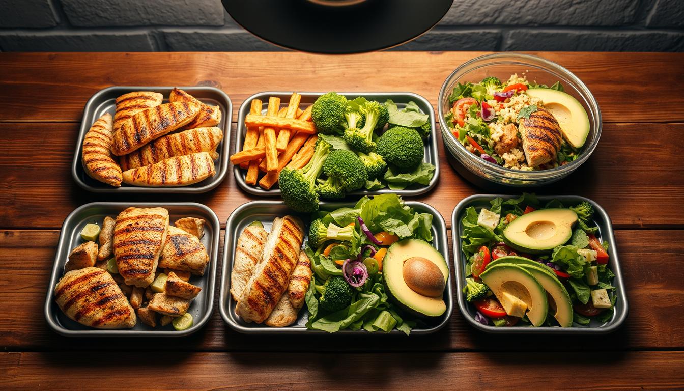 A neatly arranged low-carb meal prep spread on a rustic wooden table, showcasing an assortment of grilled chicken, steamed broccoli, and a colorful salad with sliced avocado. Vibrant lighting from an overhead source casts a warm, inviting glow, highlighting the fresh, wholesome ingredients. The scene exudes a sense of efficiency and intentionality, inviting the viewer to imagine the ease and convenience of having a week's worth of nutritious, low-carb dinners at the ready. The composition is balanced, with the food items positioned in an appealing, appetizing manner, drawing the eye to the center of the frame. A neatly arranged low-carb meal prep spread on a rustic wooden table, showcasing an assortment of grilled chicken, steamed broccoli, and a colorful salad with sliced avocado. Vibrant lighting from an overhead source casts a warm, inviting glow, highlighting the fresh, wholesome ingredients. The scene exudes a sense of efficiency and intentionality, inviting the viewer to imagine the ease and convenience of having a week's worth of nutritious, low-carb dinners at the ready. The composition is balanced, with the food items positioned in an appealing, appetizing manner, drawing the eye to the center of the frame.