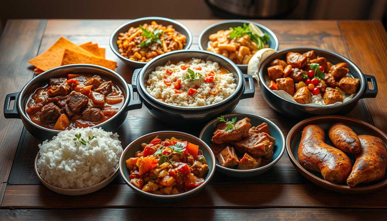 A neatly arranged selection of diverse Instant Pot dishes, including a hearty beef stew, a fragrant curry, and a savory chicken dish, all displayed on a rustic wooden table. Soft, warm lighting casts a cozy glow, highlighting the vibrant colors and textures of the food. The scene conveys a sense of comfort and ease, inviting the viewer to imagine the satisfying flavors and aromas of these homemade Instant Pot creations.