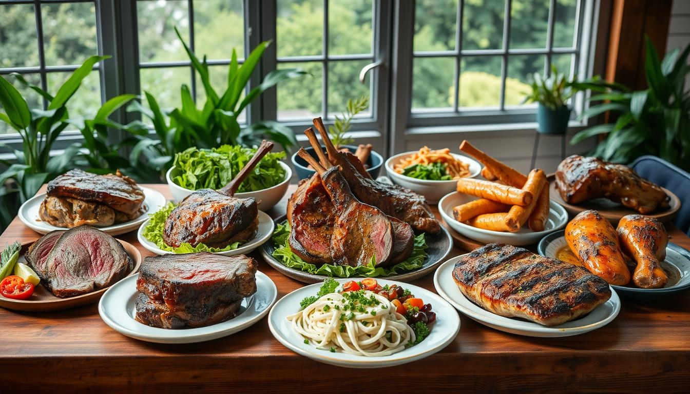 A neatly arranged spread of various meat dishes, including succulent roasted beef, juicy lamb chops, tender pork ribs, and grilled chicken thighs. The dishes are presented on a rustic wooden table, with a backdrop of lush greenery and natural light filtering through large windows, creating a vibrant, wholesome atmosphere. The food is beautifully plated, showcasing the rich, vibrant colors and textures of the carnivore-friendly ingredients. A sense of culinary abundance and meal-prepping efficiency pervades the scene, reflecting the ethos of "Cook Once, Eat All Week: Carnivore Batch Recipes".