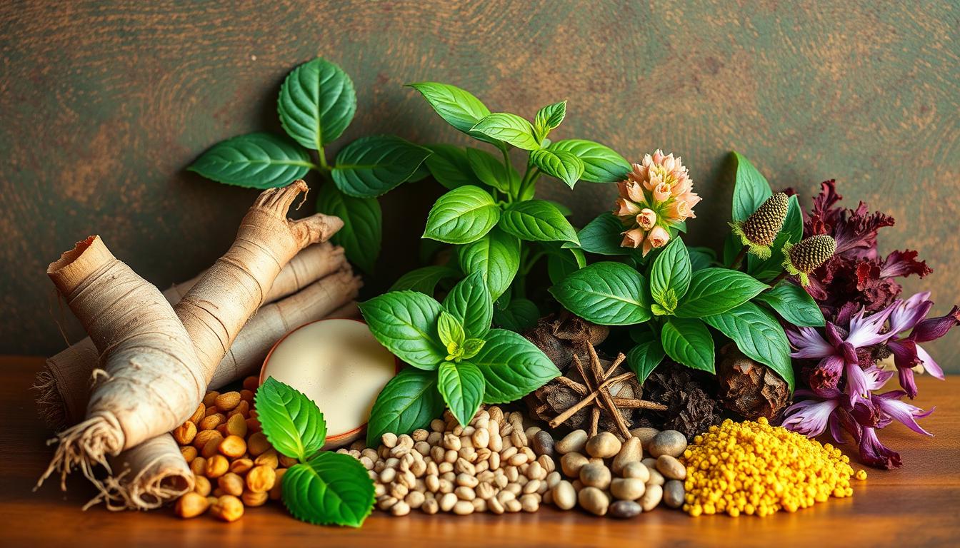 A neatly arranged still life of a variety of adaptogenic herbs, including ginseng, ashwagandha, holy basil, and rhodiola, set against a vibrant, earthy background. The herbs are presented in a visually appealing manner, with their vibrant colors and textures highlighted by soft, natural lighting. The composition conveys a sense of balance and harmony, reflecting the restorative properties of these adaptogenic plants. The image evokes a feeling of calm and resilience, perfectly capturing the essence of "Adaptogenic Herbs Every Stressed-Out Professional Should Know".