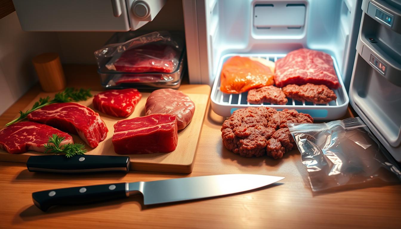 A neatly organized kitchen counter, bathed in warm, vibrant lighting. On the surface, a variety of meats are carefully arranged - juicy steaks, succulent chicken breasts, and lean ground beef. An open freezer door reveals the frosty interior, the air gently swirling with a mist of condensation. Surgical-grade stainless steel utensils, including a sharp butcher's knife and a high-quality food vacuum sealer, lie ready for the task at hand. The scene conveys a sense of precision, efficiency, and a deep appreciation for the art of preserving the bounty of the carnivore's table.