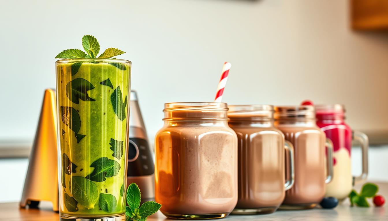 A nourishing array of protein-rich smoothies and shakes, their vibrant hues and creamy textures inviting. In the foreground, a tall glass filled with a lush, verdant blend of spinach, kiwi, and whey protein, garnished with a sprig of mint. Beside it, a sleek stainless-steel blender, its blades catching the warm, golden light. In the middle ground, a row of mason jars brimming with thick, indulgent shakes—one a rich, chocolatey concoction, another a vibrant berry medley. The background is softly blurred, hinting at a modern, minimalist kitchen countertop, clean and uncluttered. The overall mood is one of health, vigor, and effortless nourishment.