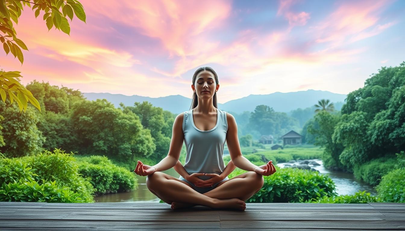 A peaceful meditation scene featuring a serene, cross-legged figure against a vibrant, natural backdrop. The foreground shows a person in a relaxed pose, eyes closed, hands resting on their lap. The middle ground features lush, verdant foliage and a tranquil stream or pond, creating a calming, natural ambiance. The background showcases a vibrant, colorful sky with soft, diffused lighting, evoking a sense of tranquility and inner focus. The overall composition conveys a balanced, harmonious atmosphere, ideal for illustrating meditation techniques for beginners.
