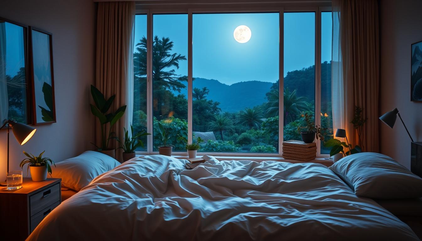 A peaceful, serene bedroom at night, with a large window overlooking a tranquil, moonlit landscape. Soft, diffused lighting casts a warm, natural glow throughout the room. In the foreground, a comfortable bed with luxurious bedding, surrounded by natural elements like potted plants and wood furniture. In the middle ground, a nightstand with a glass of water and a book, hinting at a relaxing pre-bedtime routine. The background is filled with vibrant, lush greenery visible through the window, creating a calming, restorative atmosphere. Overall, the scene conveys a sense of balance, harmony, and the importance of sleep for natural weight loss.