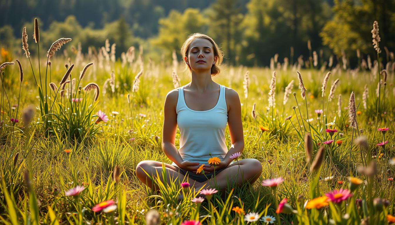 A peaceful, sun-dappled meadow, with a serene figure sitting in a lotus position, eyes closed, hands resting gently on their lap. Surrounding them are lush, verdant grasses and wildflowers in vibrant hues, evoking a sense of tranquility and mindfulness. The lighting is soft and warm, creating a calming, introspective atmosphere. In the background, a distant forest beckons, hinting at the restorative power of nature. The scene conveys the essence of effective stress management techniques, promoting mental clarity and inner harmony. A peaceful, sun-dappled meadow, with a serene figure sitting in a lotus position, eyes closed, hands resting gently on their lap. Surrounding them are lush, verdant grasses and wildflowers in vibrant hues, evoking a sense of tranquility and mindfulness. The lighting is soft and warm, creating a calming, introspective atmosphere. In the background, a distant forest beckons, hinting at the restorative power of nature. The scene conveys the essence of effective stress management techniques, promoting mental clarity and inner harmony.