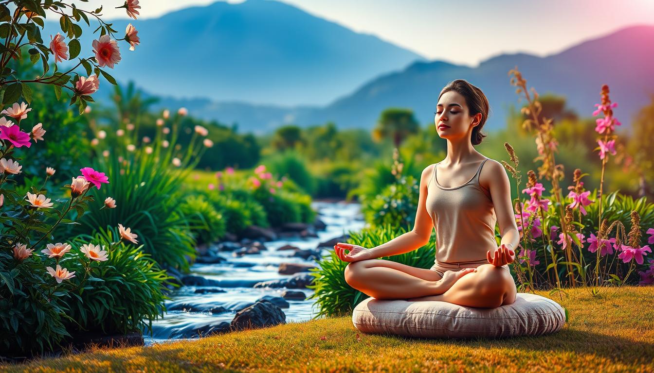 A peaceful, vibrant scene of a person meditating in a serene garden. In the foreground, a person sits cross-legged on a plush cushion, their eyes closed and face relaxed, exuding an aura of tranquility. The middle ground features lush, verdant foliage - blooming flowers, swaying plants, and a trickling stream that reflects the soft, natural lighting. In the background, mountains or rolling hills rise, creating a sense of depth and connection to the natural world. The overall mood is one of mindfulness, contemplation, and mental clarity, with a warm, vibrant color palette that enhances the calming atmosphere. A peaceful, vibrant scene of a person meditating in a serene garden. In the foreground, a person sits cross-legged on a plush cushion, their eyes closed and face relaxed, exuding an aura of tranquility. The middle ground features lush, verdant foliage - blooming flowers, swaying plants, and a trickling stream that reflects the soft, natural lighting. In the background, mountains or rolling hills rise, creating a sense of depth and connection to the natural world. The overall mood is one of mindfulness, contemplation, and mental clarity, with a warm, vibrant color palette that enhances the calming atmosphere.