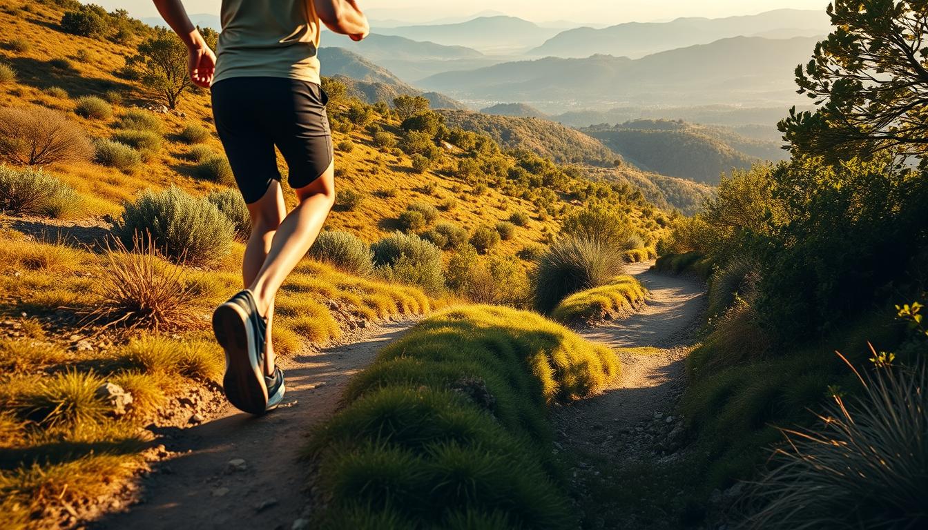 A person briskly ascending a steep, winding path through a lush, vibrant landscape. The foreground features the walker's determined stride, legs pumping, arms swinging. The middle ground reveals a rolling hillside dotted with verdant trees and shrubs. The background showcases a panoramic vista of distant mountains bathed in warm, golden light. Dramatic shadows and highlights create a sense of depth and drama. The overall scene conveys a mood of invigorating physical exertion and the satisfying challenge of conquering an incline for the purpose of fat-burning exercise.