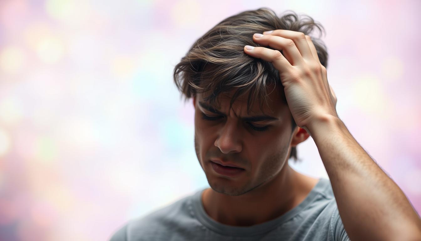 A person clutching their head in pain, their face contorted with discomfort, against a hazy, vibrant background that suggests a sense of nausea and disorientation. The figure is positioned in the foreground, with a soft, diffused light illuminating their features. The middle ground is blurred, creating a sense of depth and focus on the central subject. The background is a kaleidoscope of colors, hinting at the internal turmoil and distress caused by the dehydration headache and stomach discomfort.