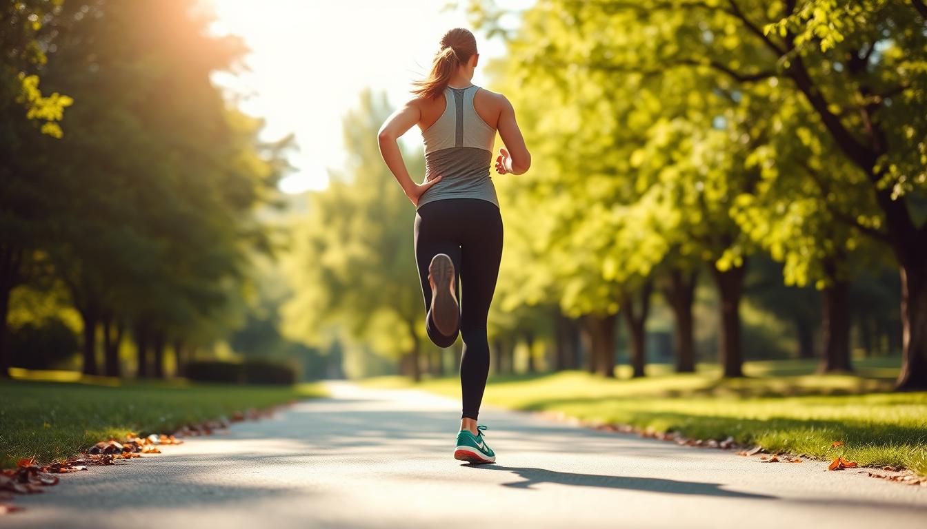 A person in athletic attire strides purposefully on a sunlit path, their stride and posture optimized for fat-burning. The surroundings are a lush, verdant park with trees swaying gently in the breeze. Soft, diffused lighting from above casts a vibrant, energetic atmosphere. The walker's pace is brisk yet sustainable, their movements fluid and efficient. The scene conveys a sense of focused determination and the pursuit of health and fitness goals through thoughtful, optimized exercise.
