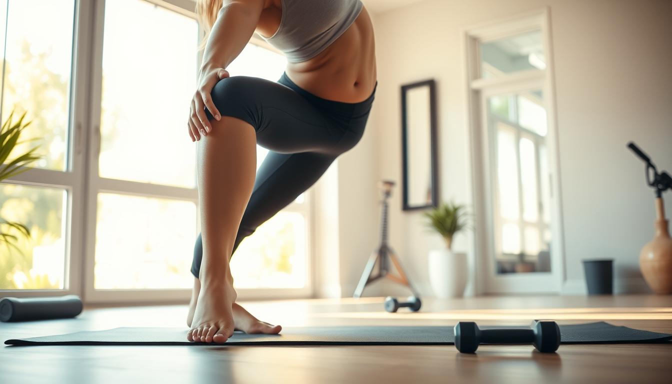 A person in athletic wear performing a dynamic stretching routine in a bright, sun-filled home gym. The foreground shows their legs and torso as they lean forward, holding a gentle stretch. The middle ground features exercise equipment like a yoga mat, resistance bands, and a small dumbbell set. The background showcases large windows, letting in warm, natural light that casts a vibrant glow over the scene. The overall mood is one of focused, purposeful activity before a meal, conveying the benefits of pre-exercise for managing cravings.
