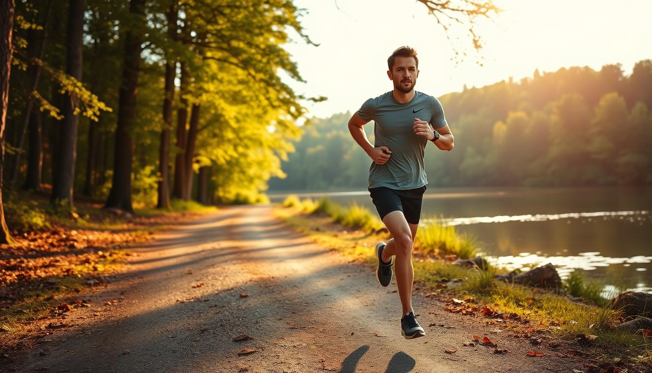 A person jogging on a wooded path, mid-stride, with a determined expression on their face. Sunlight filters through the trees, casting warm, vibrant shadows across the scene. The runner's form is sharp and athletic, highlighting the benefits of interval training for fat loss. In the background, a tranquil lake reflects the surrounding greenery, creating a serene and restorative atmosphere. The overall image conveys the power and focus of interval walking as an effective strategy for enhancing fat burning during outdoor exercise.