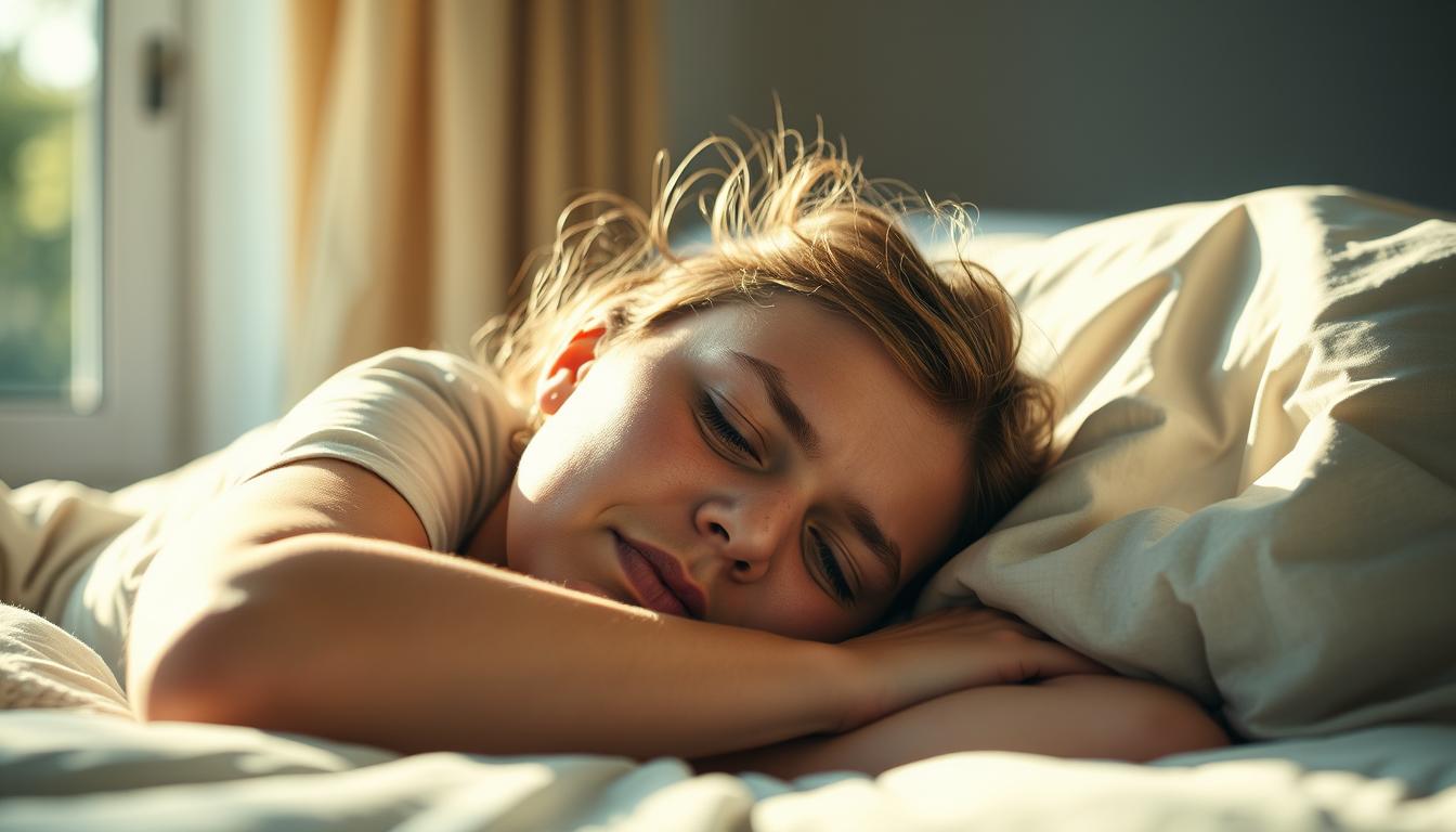 A person lies exhausted on a soft, comfortable bed, sunlight streaming through the window and casting a warm glow on their weary face. Their expression conveys the heavy burden of chronic fatigue, a sense of being drained and overwhelmed. The background is blurred, focusing the viewer's attention on the subject's struggle. The lighting is soft, natural, and diffused, creating a serene yet melancholic atmosphere. The color palette is vibrant, with muted tones and hues that evoke a sense of tiredness and restlessness. The overall scene captures the essence of chronic fatigue syndrome and its impact on an individual's physical and emotional well-being.