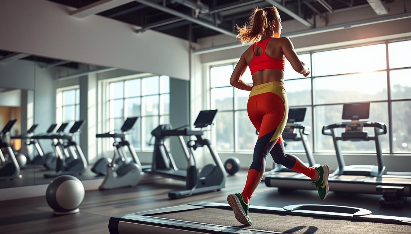 A person performing high-intensity fasted cardio workout in a well-lit, modern gym. The foreground shows the athlete, dressed in vibrant athletic wear, running on a treadmill with determination. The middle ground features clean, minimalist gym equipment and a large mirror reflecting the workout. The background has bright, natural lighting streaming in through floor-to-ceiling windows, creating a vibrant, energizing atmosphere.