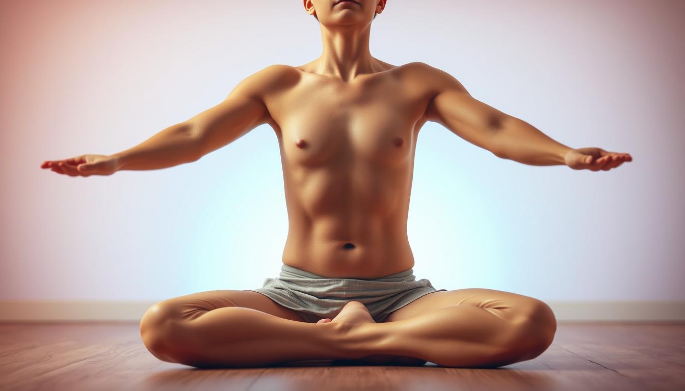 A person seated on the floor, legs crossed, hands resting on knees, with a calm, focused expression. The diaphragm is visible, gently expanding and contracting as the individual breathes deeply, the chest rising and falling with each inhalation and exhalation. The background is a vibrant, soothing palette, creating a serene and calming atmosphere, inviting the viewer to engage in the breathwork technique. Soft, warm lighting illuminates the scene, accentuating the peaceful, meditative mood. The image is captured with a wide-angle lens, providing a comprehensive view of the subject and the surrounding environment.