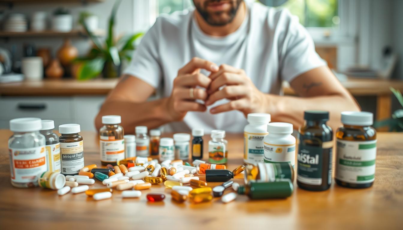 A person sitting at a wooden table, carefully examining a variety of supplements and medications. The foreground features an array of neatly arranged bottles, capsules, and tablets, suggesting the careful management of potential side effects from a carnivore diet. The middle ground shows the person's hands delicately handling the various items, while the background showcases a vibrant, natural setting, such as a cozy kitchen or a well-lit home office, conveying a sense of wellness and control. The lighting is soft and warm, creating a serene, contemplative atmosphere, and the lens captures the scene with a shallow depth of field, focusing the viewer's attention on the central elements.