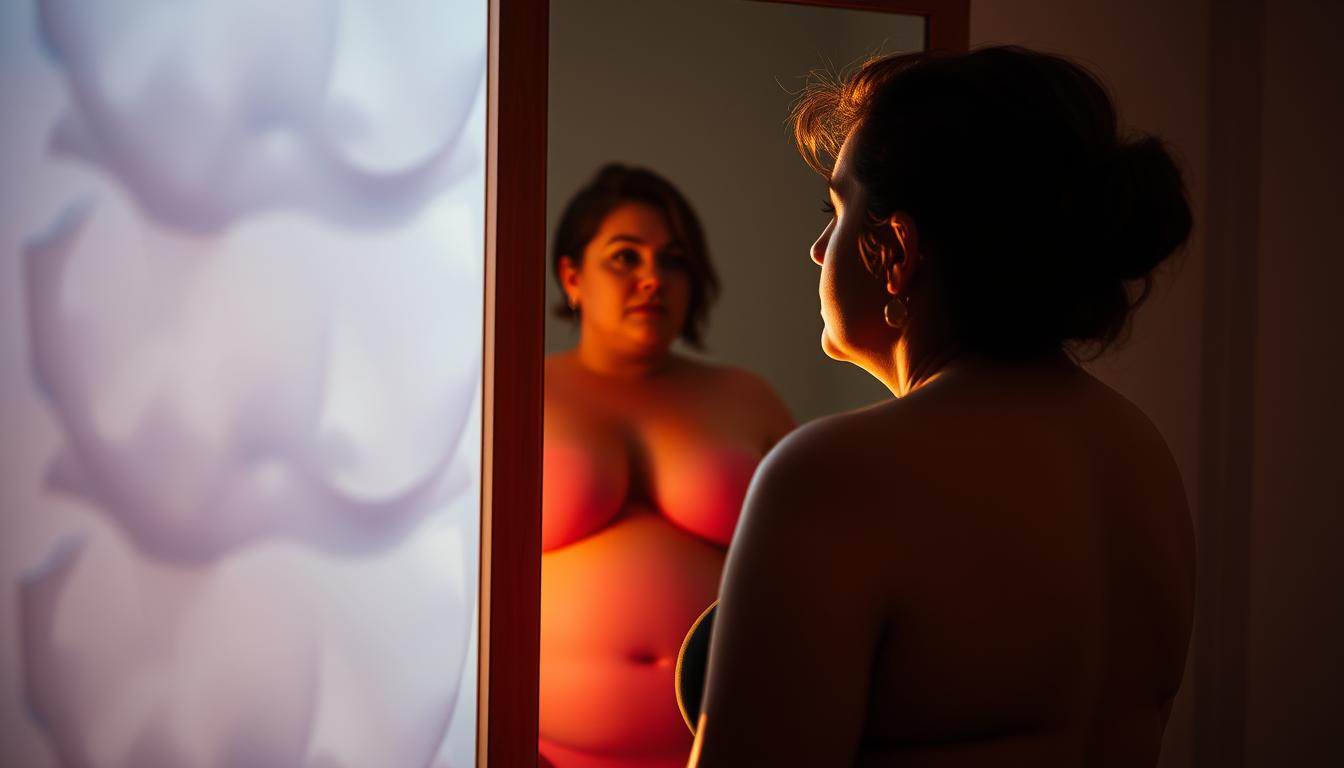 A person standing before a mirror, grappling with the physical and emotional weight of their health challenges. The figure is cast in a warm, vibrant light, their expression pensive and reflective. In the background, a hazy, dreamlike setting represents the inner turmoil and the journey ahead. The composition conveys a sense of vulnerability and determination, as the individual confronts the realities of their struggle with weight and wellness. A person standing before a mirror, grappling with the physical and emotional weight of their health challenges. The figure is cast in a warm, vibrant light, their expression pensive and reflective. In the background, a hazy, dreamlike setting represents the inner turmoil and the journey ahead. The composition conveys a sense of vulnerability and determination, as the individual confronts the realities of their struggle with weight and wellness.