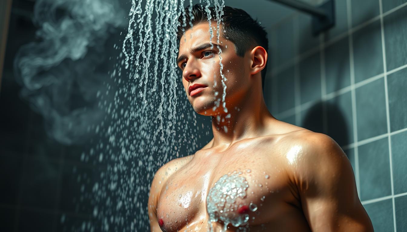 A person standing in a cold shower, their skin flushed and glowing, steam rising in the air. The water cascades down their body, invigorating and energizing them. A dynamic, vibrant composition with sharp contrasts and bold colors, capturing the power of cold water to boost the body's natural fat-burning processes. The scene is bathed in a cool, refreshing light, highlighting the subject's focused, determined expression. Dramatic angles and a close-up perspective emphasize the transformative effects of this natural metabolic stimulant.