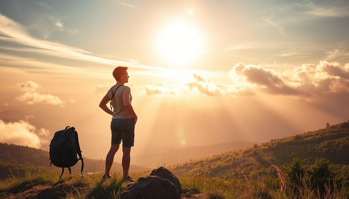 A person standing on a hilltop, gazing out over a lush, verdant landscape. The sun filters through wispy clouds, casting a warm, golden glow across the scene. In the foreground, a backpack rests on the ground, symbolic of the journey undertaken. The person's expression is one of determination and newfound energy, a reflection of the "turning point" in their weight loss journey. The atmosphere is one of hope, rejuvenation, and a sense of a fresh start. The overall mood is vibrant, capturing the essence of transformation and a renewed zest for life. A person standing on a hilltop, gazing out over a lush, verdant landscape. The sun filters through wispy clouds, casting a warm, golden glow across the scene. In the foreground, a backpack rests on the ground, symbolic of the journey undertaken. The person's expression is one of determination and newfound energy, a reflection of the "turning point" in their weight loss journey. The atmosphere is one of hope, rejuvenation, and a sense of a fresh start. The overall mood is vibrant, capturing the essence of transformation and a renewed zest for life.
